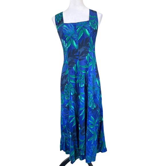 Dress Barn Dresses & Skirts - VTG Dress Barn Maxi Dress Women Size 8 Blue Green Tropical Leaf Cross Back Rayon